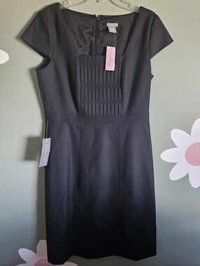 Ann Taylor Black Pleated-Front Cap Midi Dress